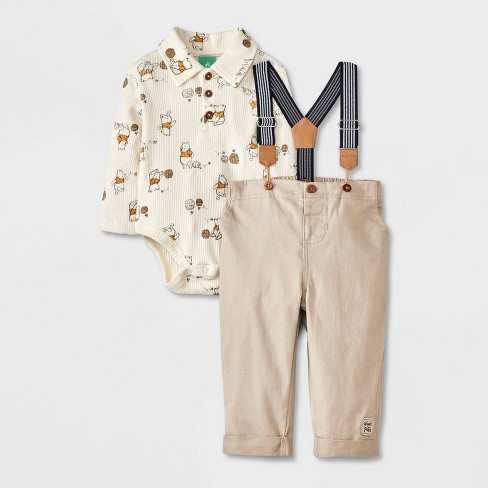 Baby Boys' Disney Winnie the Pooh Long Sleeve Bodysuit and Pants Bottom Suspender Set - Beige - image 1 of 4