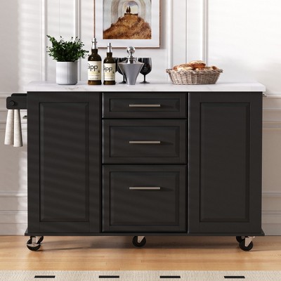 50.7" Kitchen Island with Tilt Trash Can & Pull-Out Organizer, Rolling Cart with Drop Leaf, 2 Drawers & 5 Wheels - ModernLuxe