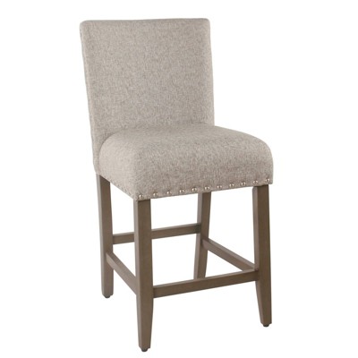 Fabric Upholstered Wooden Counter Height Barstool with Striking Nailhead Trims Gray/Brown - Benzara