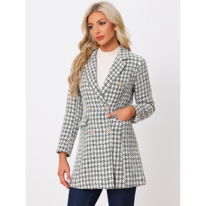Allegra K Women's Notched Lapel Collar Coat Elegant Double-Breasted Plaid Tweed Blazer Outerwear, 2 of 6
