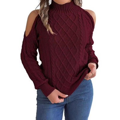Clearlove Women's Off The Shoulder Sweater Cable Knit Long Sleeve Ribbed Fall Going Out Sweater Pullover