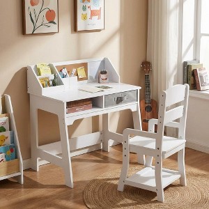 Kids Study Desk and Chair Set with Hutch,Wooden Student Table