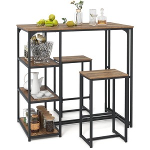 Tangkula 3-Piece Bar Table Set 2 Person Dining Furniture Set w/2 Stools 3 Storage Shelves - 1 of 4