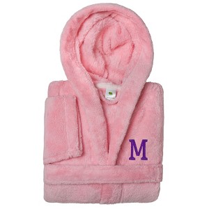 Personalized Linum Kids 100% Polyester SUPER PLUSH Double Brushed Hooded Bathrobe in Purple Bookman Font - 1 of 3