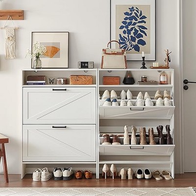 Gericco Shoe Storage Cabinet with 2 Flip Drawers,Farmhouse Narrow Shoe Organizer with Legs,Freestanding Hidden Slim Shoe Rack Cabinet