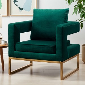 Velvet-Like Contemporary Accent Armchair with Cut-Out Armrests and Gold Metal Frame - 1 of 4