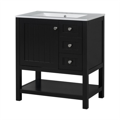 OUTSUPPLY Bathroom Storage Cabinets, Transitional Bathroom Vanity with Ceramic Sink, Solid Wood Frame, Soft-Close Doors