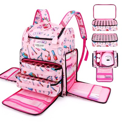 Saviland Rolling Nail Salon Backpack - 3-Tier Storage with 40+ Polish Compartments & Tool Layers, Pink Abstract Print Case