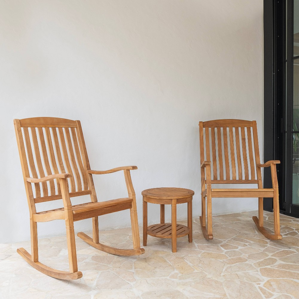 Sonoma Lane Channing 3pc Teak Outdoor Chat Set – Weather-Resistant Small-Space Furniture with 2 Rockers and Accent Table
