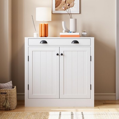 Modern Buffet Sideboard, Wood Coffee Bar Cabinet with Storage, Kitchen Storage Cabinet with 1 Drawer, White