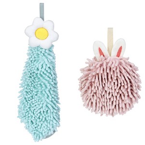 REGALWOVEN 2 Packs Soft Absorbent Flower Pattern Chenille Hand Towel with Loop 6" x 15"/7" x 7" - 1 of 4