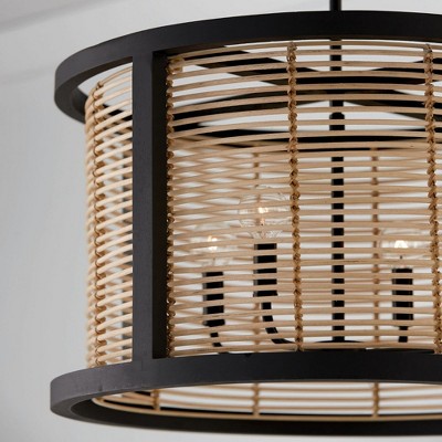 Rico Flat Black Mini Drum Pendant with Rattan & Mango Wood
