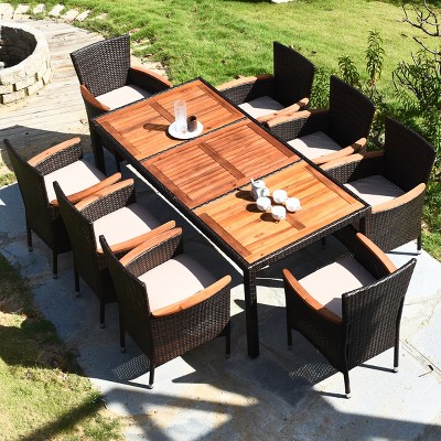 Costway 9pcs Patio Rattan Dining Set 8 Chairs Cushioned Acacia Table ...