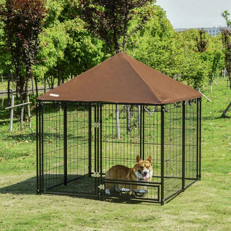 PawHut Outdoor Dog Kennel, Puppy Play Pen with Canopy Garden Playpen Fence Crate Enclosure Cage Rotating Bowl, Black, 3 of 7