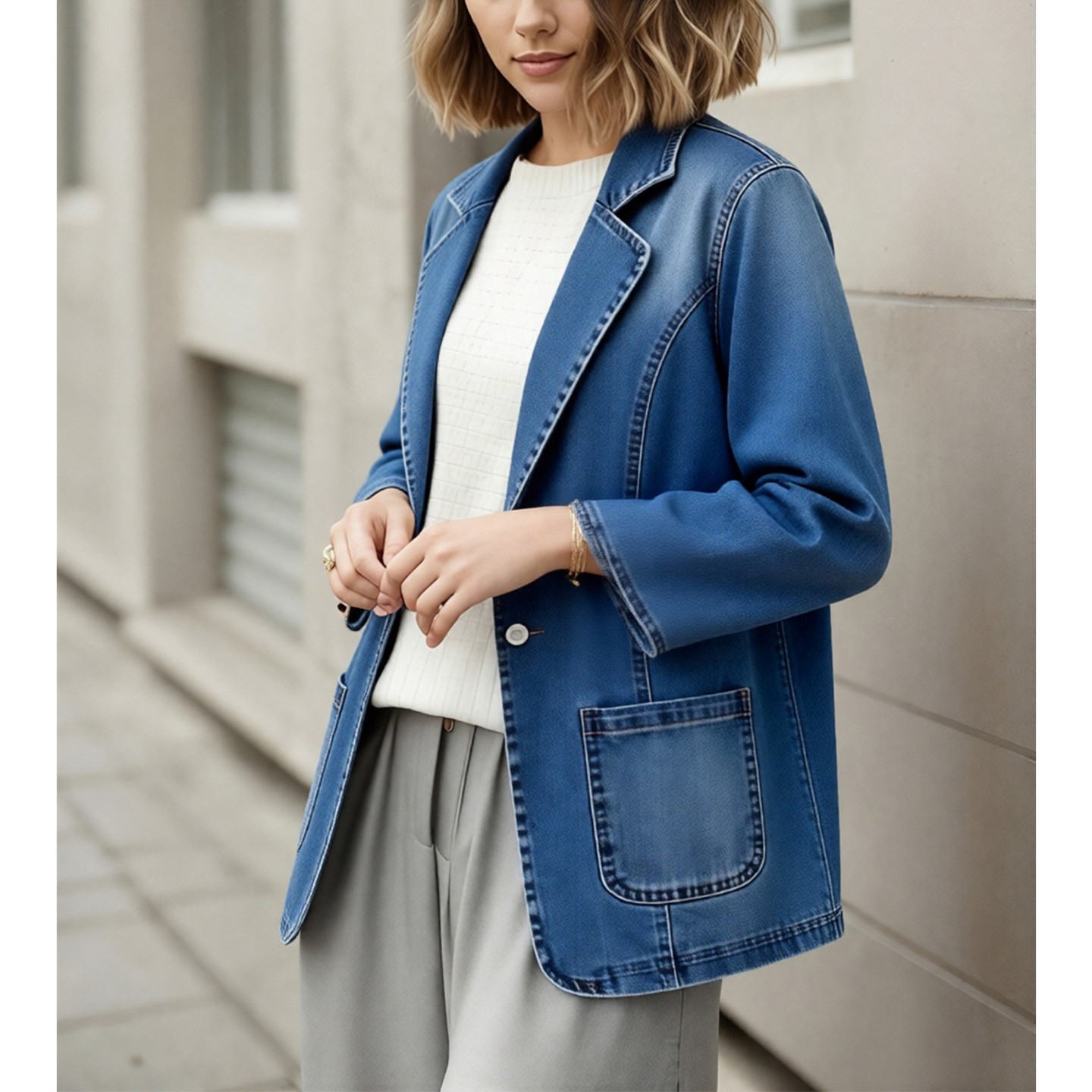 Женская куртка EadianDree Women Denim Jacket Notched Lapel Single Button Front Patch Pockets Outerwear, цвет: Джинсовый — фото 2