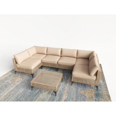Cesicia 7-Piece Gray Sofa Set, Garden Patio Wicker Sectional Sofa Set with Coffee Table for Backyard, Balcony