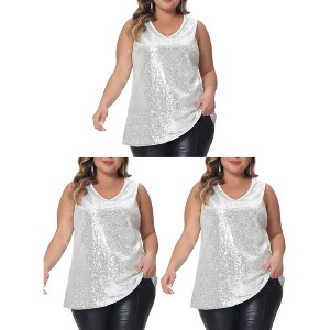 Agnes Orinda Women's Plus Size V Neck Sleeveless Front Sparkle Glitter Sequin Packs Tank Tops - 1 of 4
