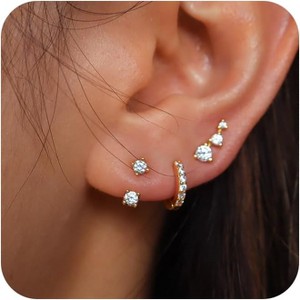 Gold & White Gold Plated Huggie Hoop Earrings Set with Cubic Zirconia Studs, Chunky Open Hoops Jewelry Gift - 1 of 4