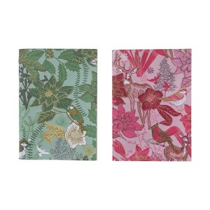 Storied Home Printed Paper Soft Cover Notebook with Flower and Bird Pattern and Embroidery, Pink and Green, Set of 2 - 1 of 1