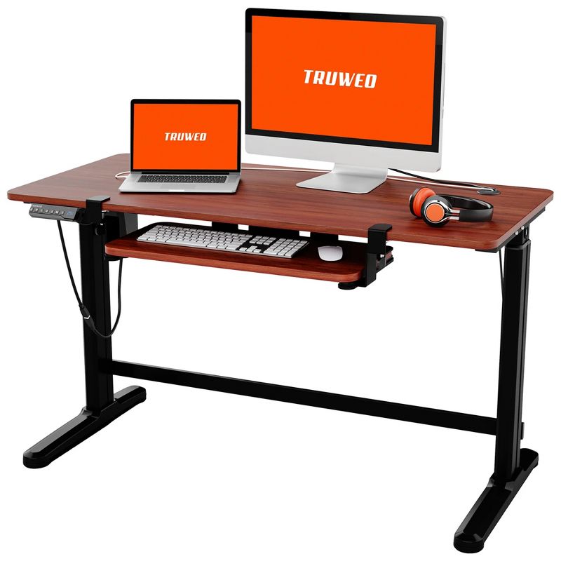 Truweo Electric Motorized Adjustable Programmable Sitting and Standing Home Office Desk Tabletop with Sliding Keyboard Tray, Brown, 2 of 7
