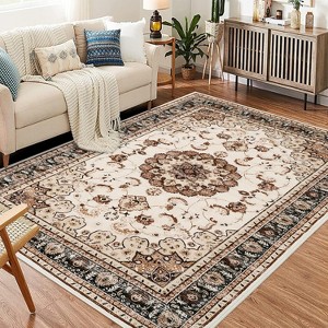 Boho Vintage Washable Area Rug, Gray Medallion Low Pile Non Slip Carpet for Living Room, Bedroom, Kitchen, or Dining Room, Pet Friendly - 1 of 4