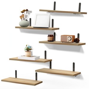 NewHome"6 Sets Floating Wall Shelves 15.74x5.74 Inch Wood Storage with Metal Brackets for Home & Office"Light Brown - 1 of 4