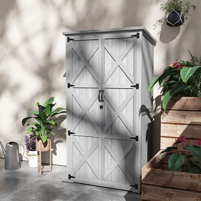 Gray Wooden Vertical Tool Shed with Shelving and Lockable Doors