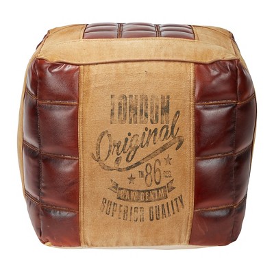 Rustic Square Canvas and Faux Leather Pouf in Brown