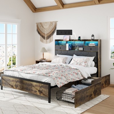 DOMETOUR Queen Bed Frame with Drawers, Charging Station, Storage Headboard, LED Light, Metal Frame, No Box Spring, Noise Free, Vintage Brown