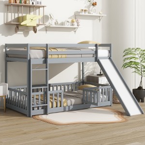 TIRAMISUBEST Twin Over Twin Size Floor Bunk Bed with Slide, Ladder and Door, Solid Pine Wood Bunk Bedframe with Safety Guardrails - 1 of 4