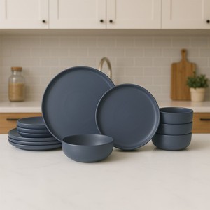SEVOBAL 12-Piece Stoneware Dinnerware Set Microwave Dishwasher Friendly Stackable Matte Glaze Plates Bowls Service for 4, Blue, 10"*10"*2.4" - 1 of 4