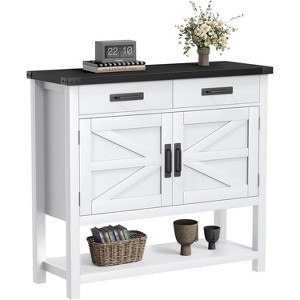 White Farmhouse Console Table with 2 Drawers, 2-Door Cabinet & Storage Shelf, Entryway Coffee Bar Sideboard for Kitchen, Hallway, Living Room - 1 of 4