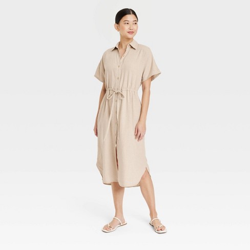 Women s Short Sleeve Linen Midi Shirtdress A New Day Tan XS