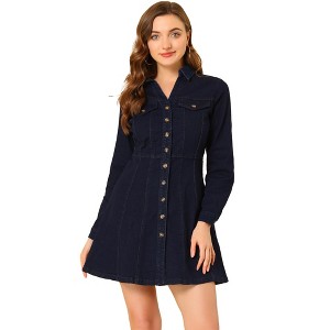 Allegra K Women's Button Down Collar V Neck Long Sleeve A-line Denim Dress - 1 of 4