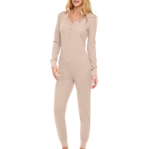 ADR Women's Waffle Ribbed Knit Thermal Onesie Pajama Thermal Underwear  Romper Ivory X Large