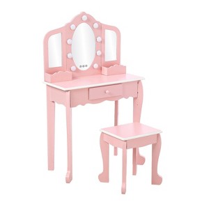 Kids Vanity Set with 3 Mirrors and Drawer, Makeup Play Table for Girls, Wooden Princess Makeup Desk Dressing Table, Toddler Vanity, Pink - 1 of 4