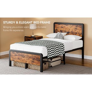 Queen-size bed frame with wooden headboard and footboard – rustic-style platform bed featuring metal slats, simple assembly for bedroom use - 1 of 4