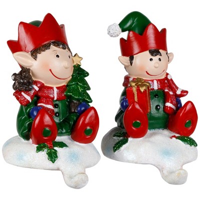 Festive Elves Resin Christmas Stocking Holders Set of 2