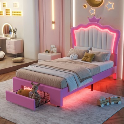 ONWITH Twin Size Upholstered Bed Frame with LED Lights, Pink White