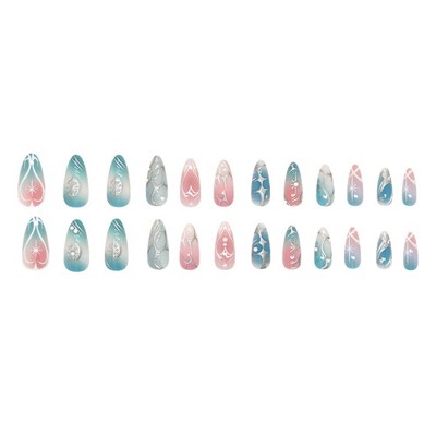 LOVELAY CREATIONS Ombre Blue Short Almond Press-On Nails with Starburst Design