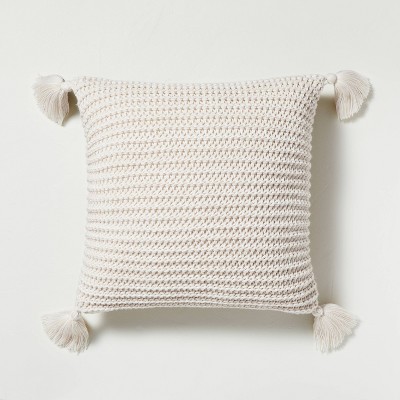 18" x 18" Chunky Knit Tassel Throw Pillow Heather Oatmeal - Hearth & Hand™ with Magnolia