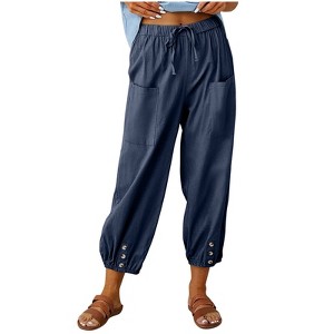 Womens Cotton Blend Linen Pants with Side Pockets Summer Slacks Drawstring Elastic Wasit Pants Ankle Length Button Detail Cuff Lounge Pants - 1 of 4