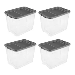 Sterilite 108 Quart Clear Stacker Modular Storage Container Tote Box with Recessed Latching Lid for Household Organization & Management, Grey, 4 Pack