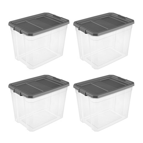 Sterilite 108 Quart Clear Stacker Modular Storage Container Tote Box with Recessed Latching Lid for Household Organization & Management, Grey, 4 Pack - image 1 of 4