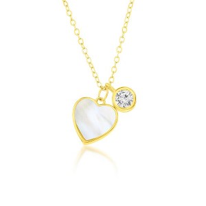 Bella Silver Sterling Silver MOP Heart & Bezel-Set CZ Necklace - Gold Plated - White - 14+3 Inch - 1 of 2