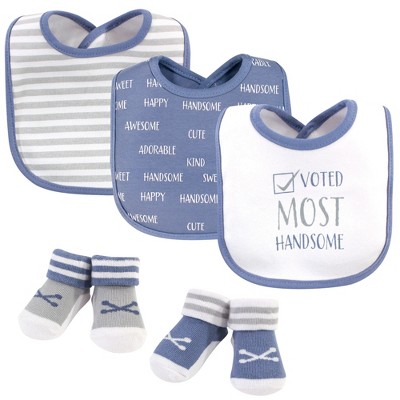 Hudson Baby Infant Boy Cotton Bib and Sock Set 5pk, Voted Most Handsome, One Size