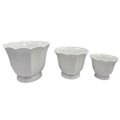 VIP Ceramic 9.5 in. White Fluted Shell Pedestal Planter with Drainage Hole Set of 3