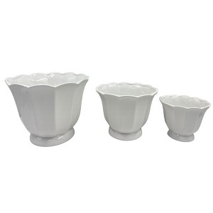 VIP Ceramic 9.5 in. White Fluted Shell Pedestal Planter with Drainage Hole Set of 3 - 1 of 1