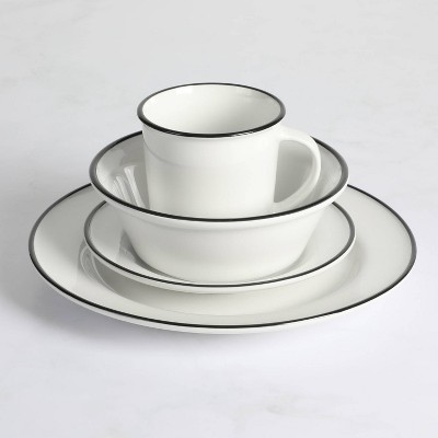 16-Piece White Porcelain Dinnerware Set with Black Trim