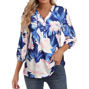 Nlife Women's Casual V Neck Floral Print 3/4 Length Sleeve Blouses Tropical Hawaiian Shirt Tops - 1 of 4